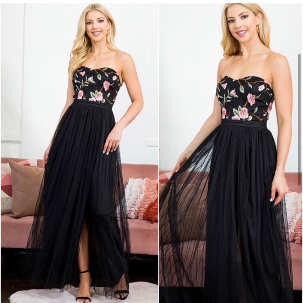 Elegant women’s floral upper chiffon high slit evening maxi gown - Picture 2 of 6